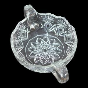VTG Pressed Glass Double‑Handled Dish Starburst & Diamond Pattern Scalloped Rim